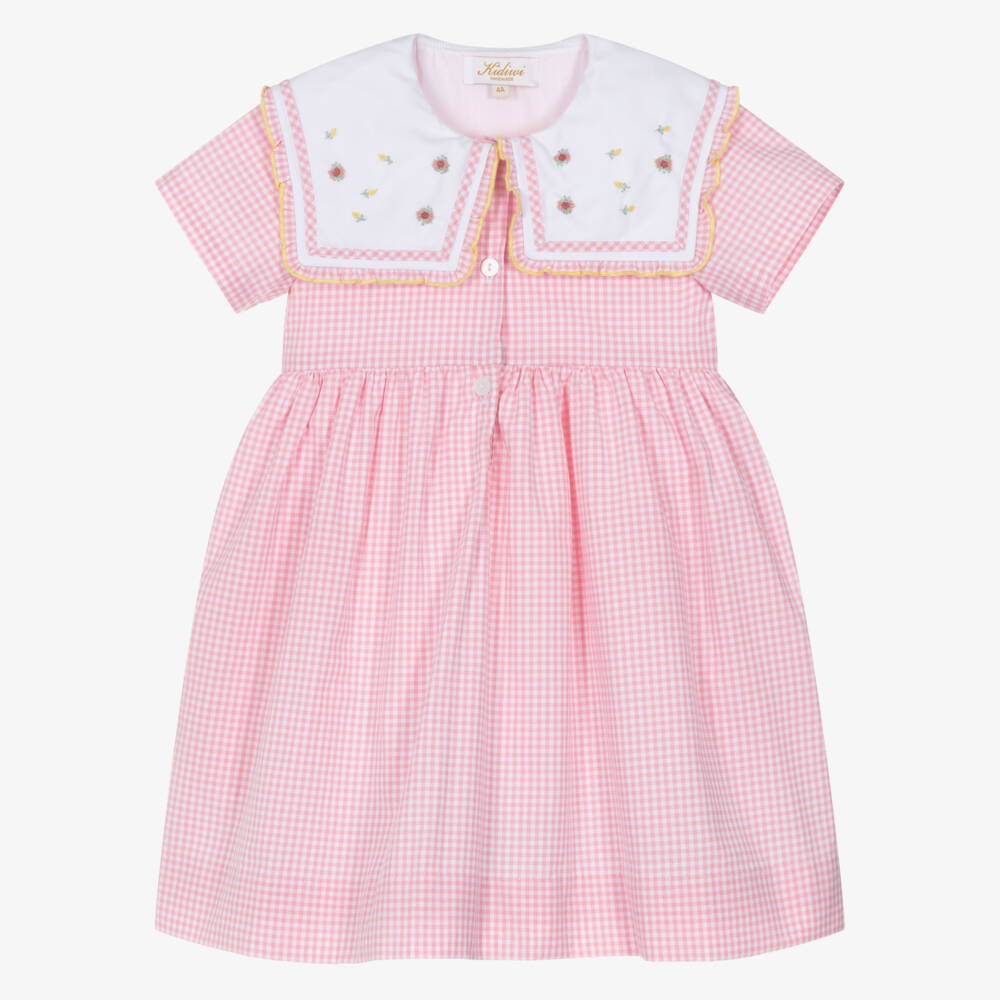 Kidiwi-Girls Pink Cotton Gingham Dress with Floral Sailor Collar | Childrensalon