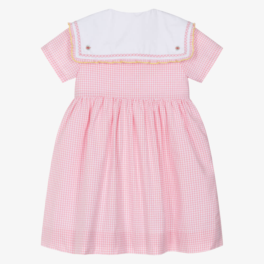 Kidiwi-Girls Pink Cotton Gingham Dress with Floral Sailor Collar | Childrensalon