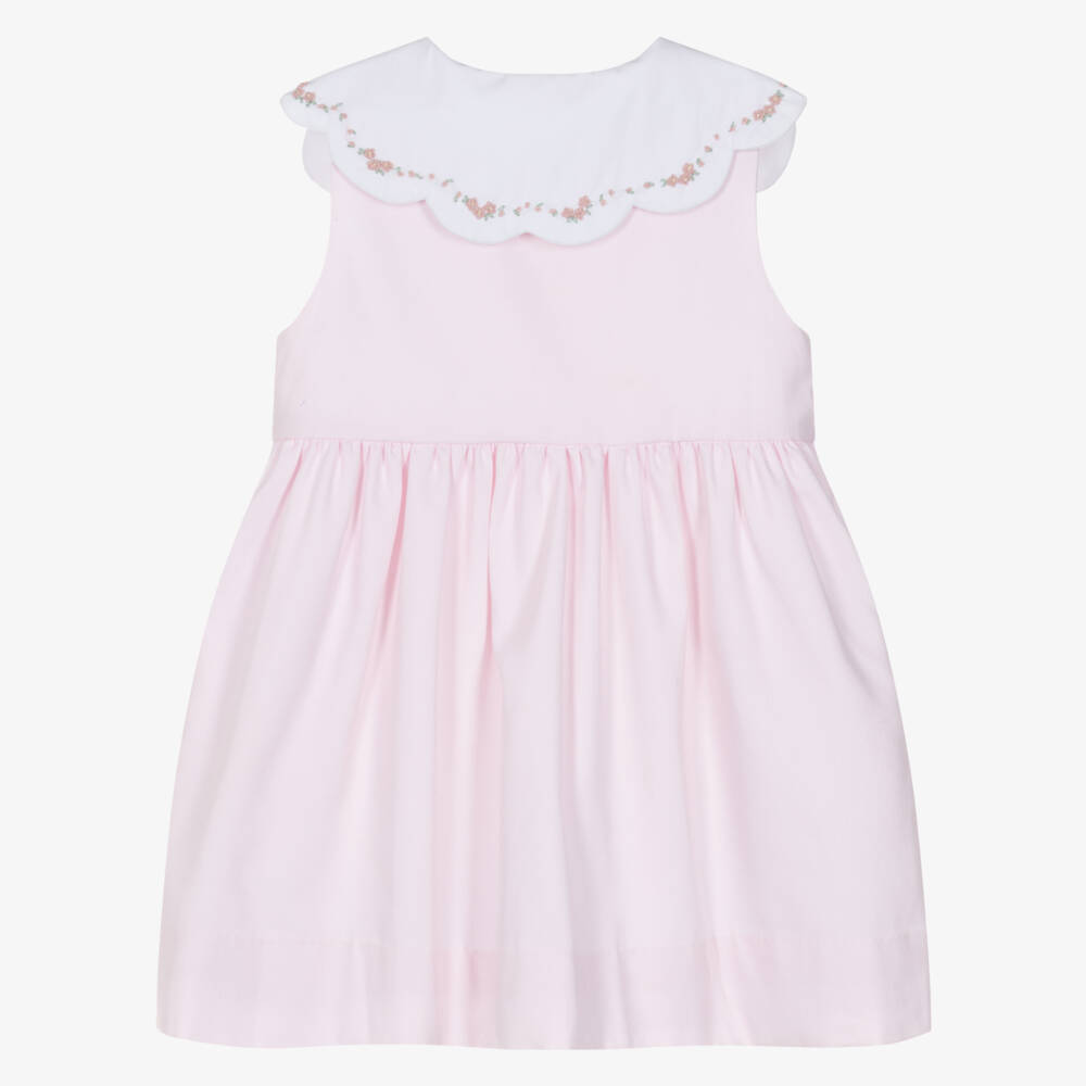Kidiwi-Girls Pink Dress with Hand-Embroidered Floral Collar | Childrensalon