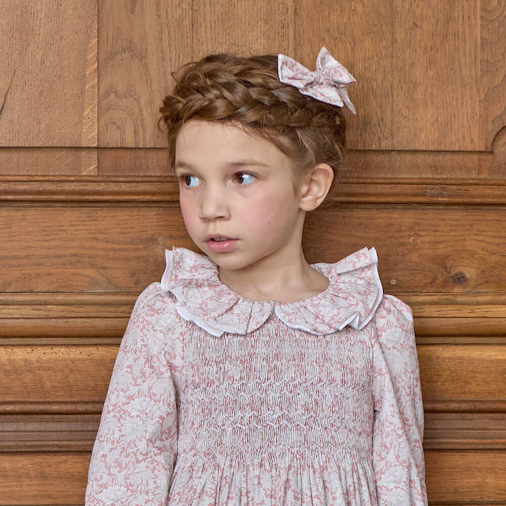 Kidiwi-Girls Pink Vintage Floral Print Bow Hair Clip (12cm) | Childrensalon