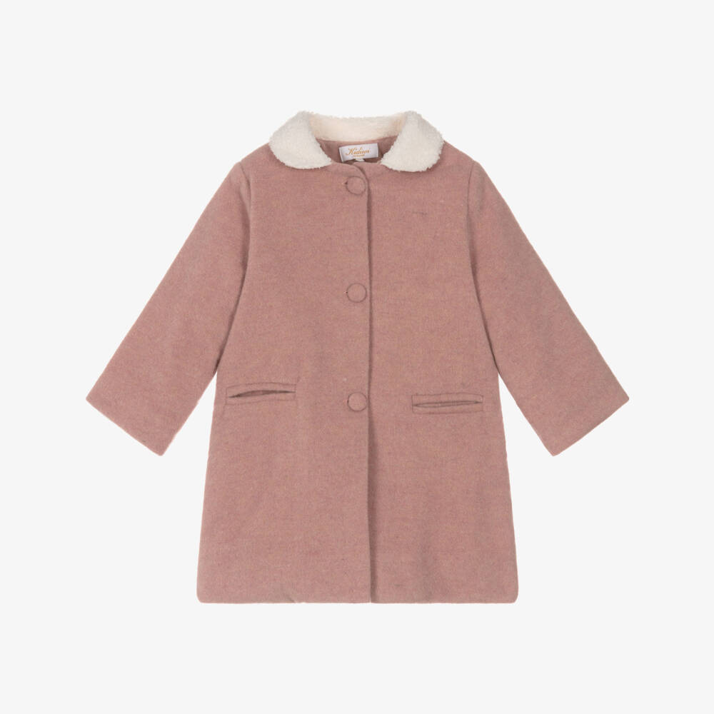 Kidiwi-Girls Pink Wool Coat with Bouclé Collar | Childrensalon