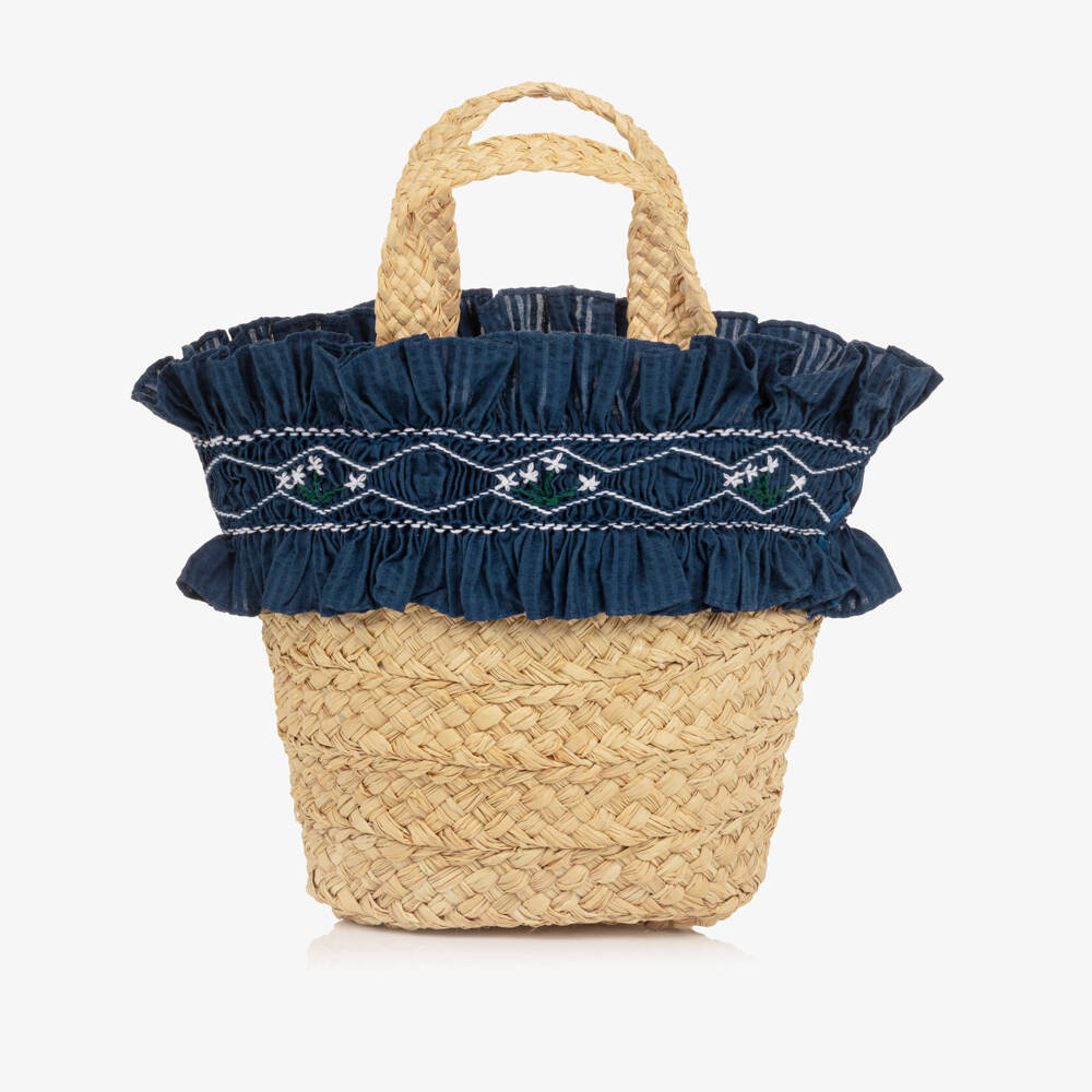 Kidiwi-Girls Raffia Bag with Navy Blue Embroidered Ruffle (22cm) | Childrensalon