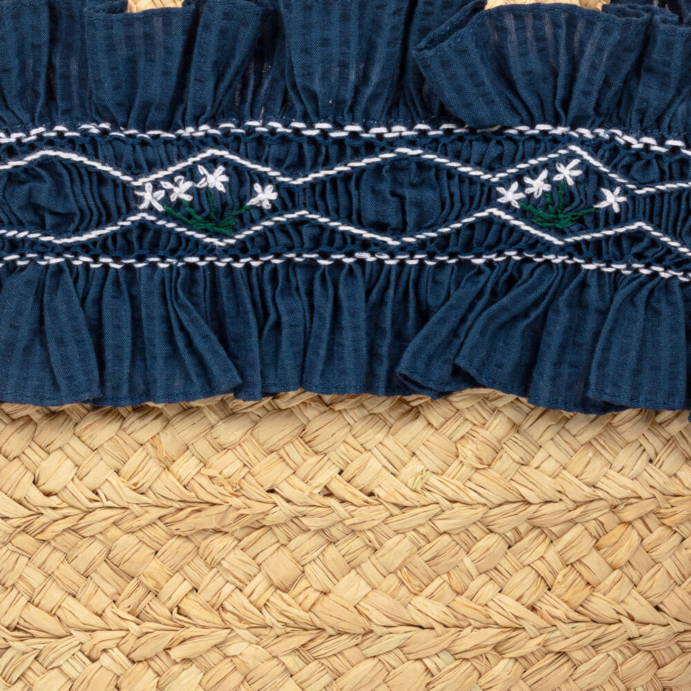 Kidiwi-Girls Raffia Bag with Navy Blue Embroidered Ruffle (22cm) | Childrensalon