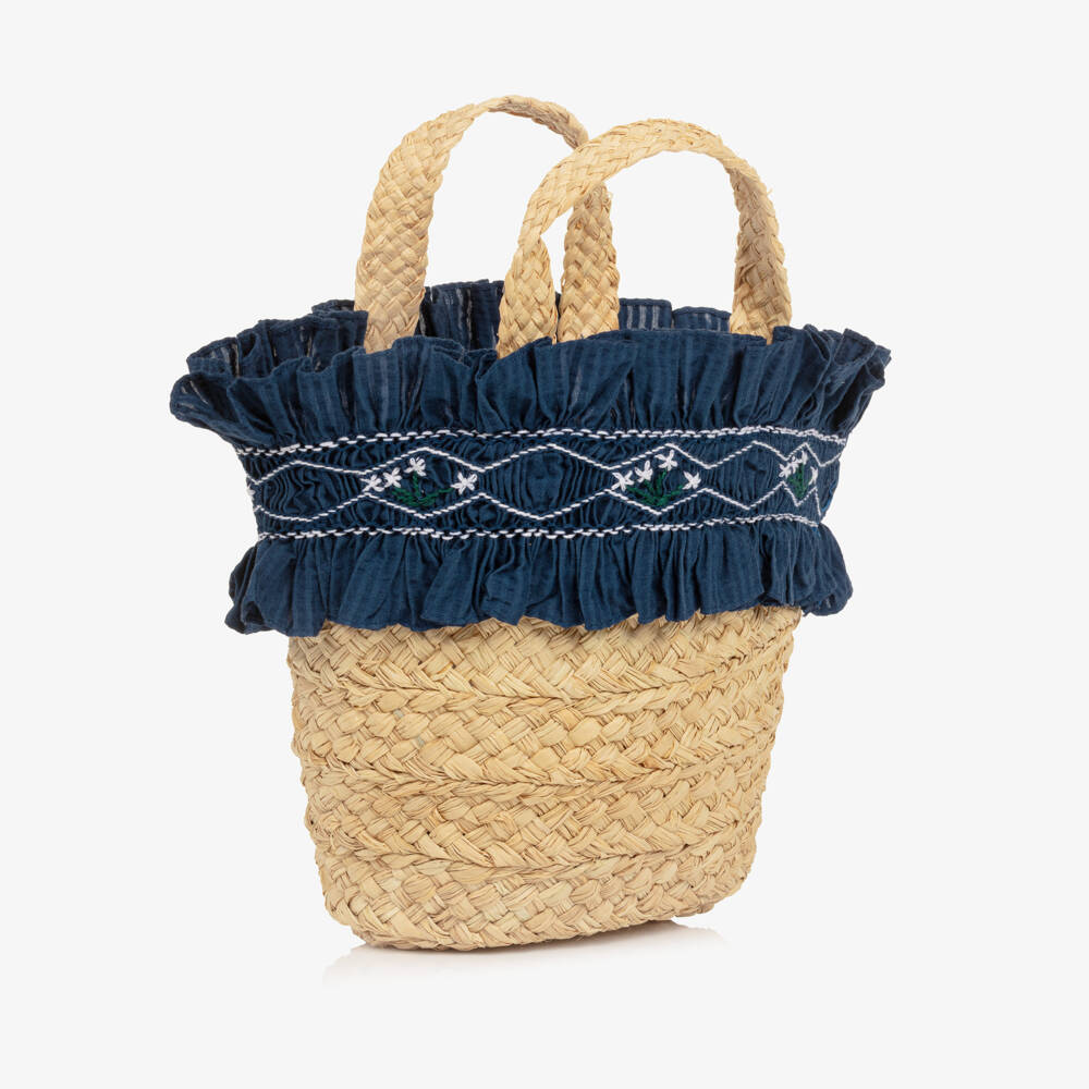 Kidiwi-Girls Raffia Bag with Navy Blue Embroidered Ruffle (22cm) | Childrensalon