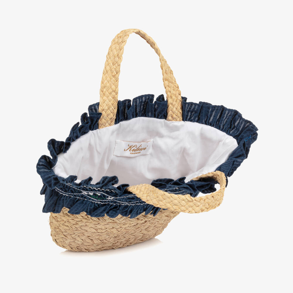 Kidiwi-Girls Raffia Bag with Navy Blue Embroidered Ruffle (22cm) | Childrensalon
