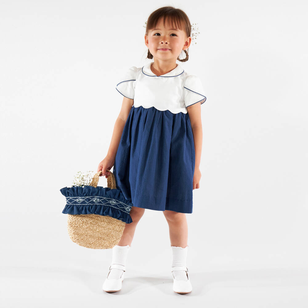 Kidiwi-Girls Raffia Bag with Navy Blue Embroidered Ruffle (22cm) | Childrensalon