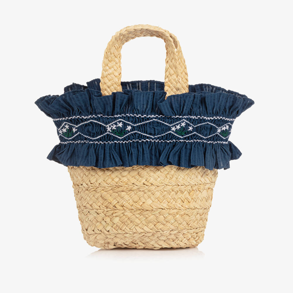 Kidiwi-Girls Raffia Bag with Navy Blue Embroidered Ruffle (22cm) | Childrensalon
