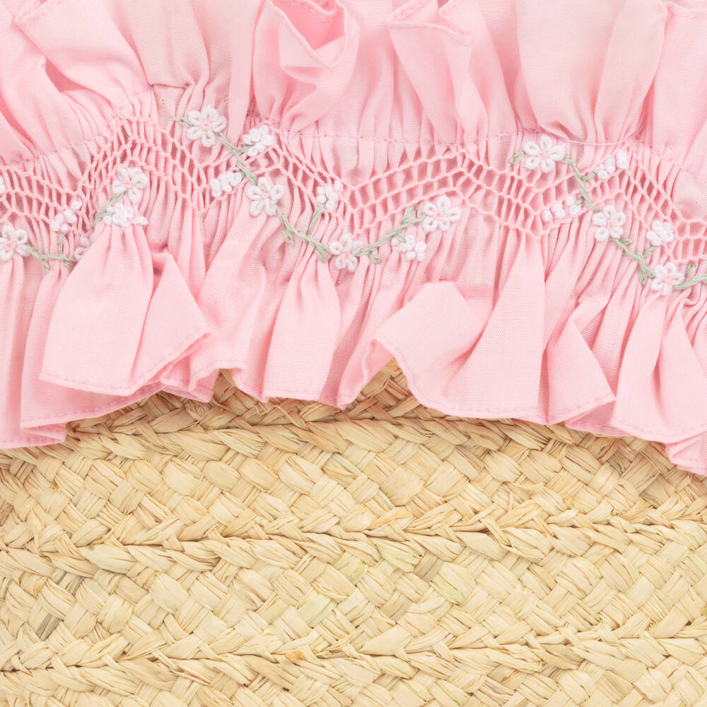 Kidiwi-Girls Raffia Bag with Pink Embroidered Ruffle (22cm) | Childrensalon