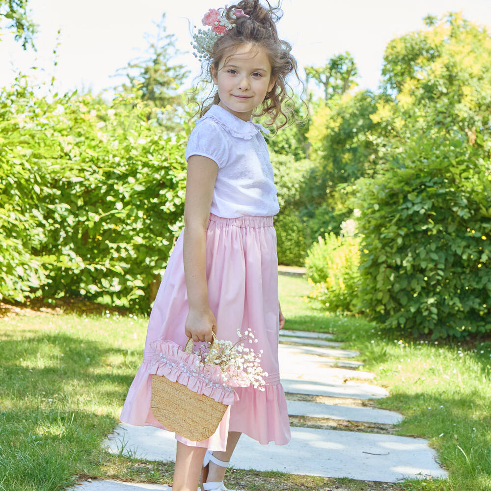 Kidiwi-Girls Raffia Bag with Pink Embroidered Ruffle (22cm) | Childrensalon