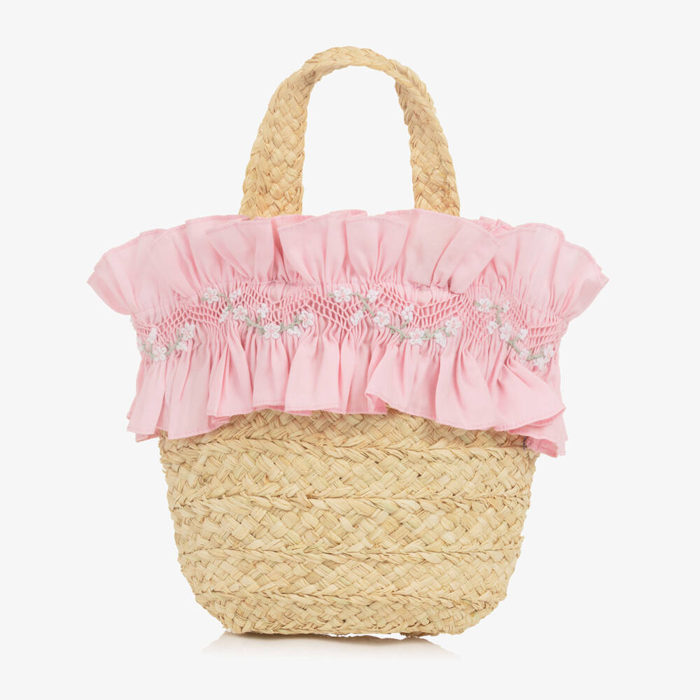 Kidiwi-Girls Raffia Bag with Pink Embroidered Ruffle (22cm) | Childrensalon
