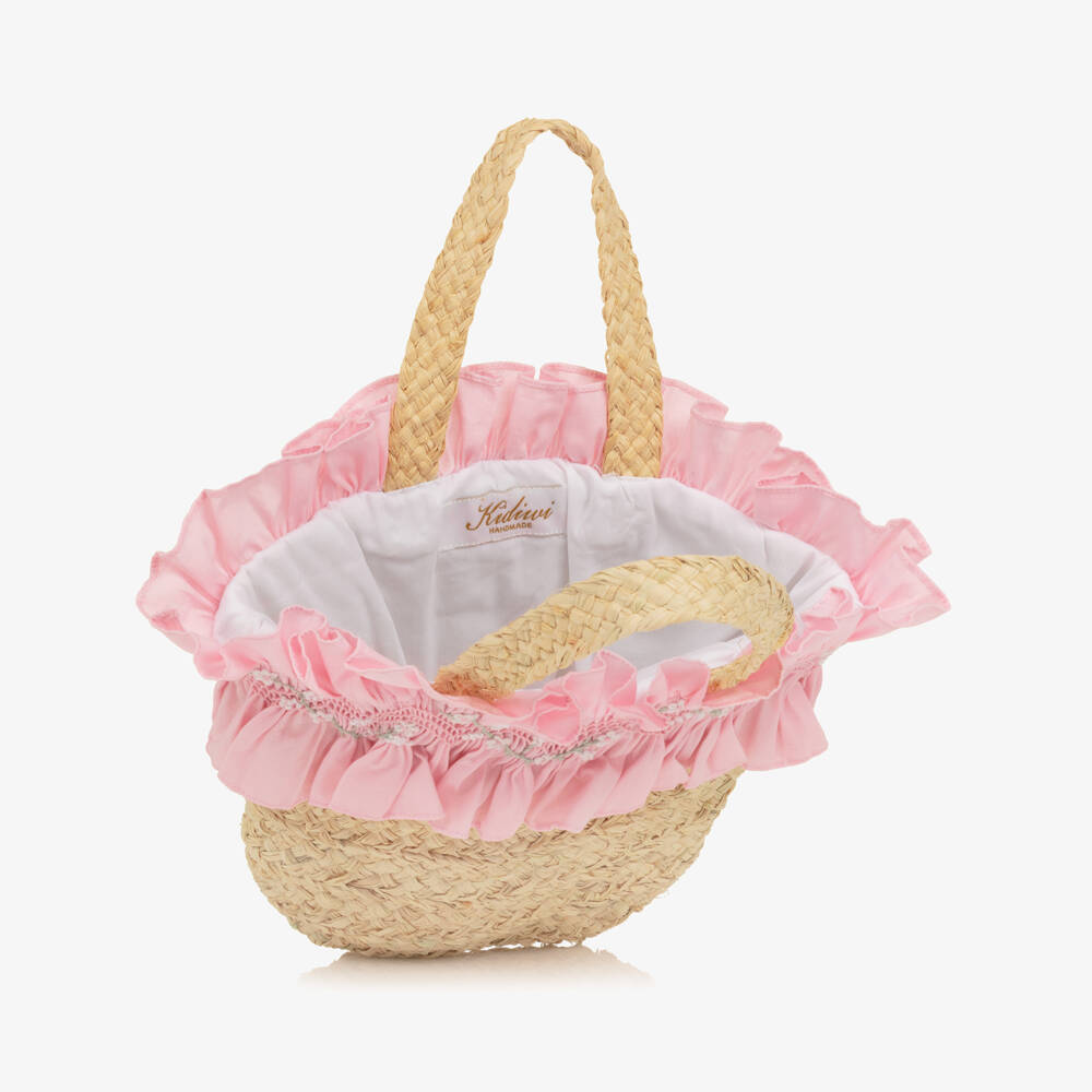 Kidiwi-Girls Raffia Bag with Pink Embroidered Ruffle (22cm) | Childrensalon