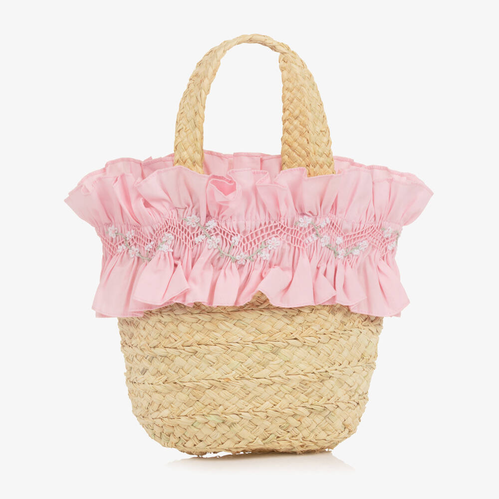 Kidiwi-Girls Raffia Bag with Pink Embroidered Ruffle (22cm) | Childrensalon