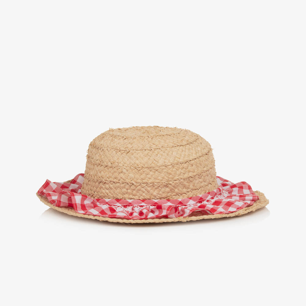 Kidiwi-Girls Raffia Sun Hat with Red Gingham Check Ruffle | Childrensalon