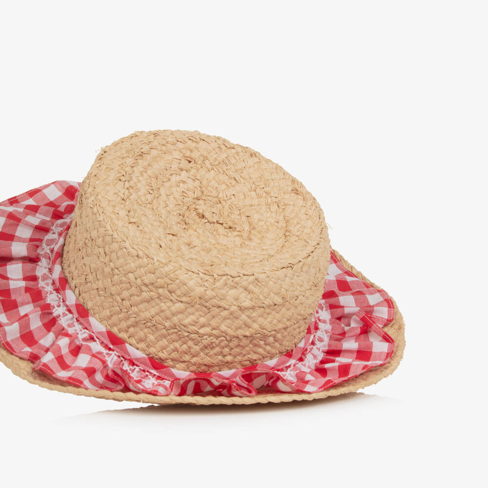 Kidiwi-Girls Raffia Sun Hat with Red Gingham Check Ruffle | Childrensalon