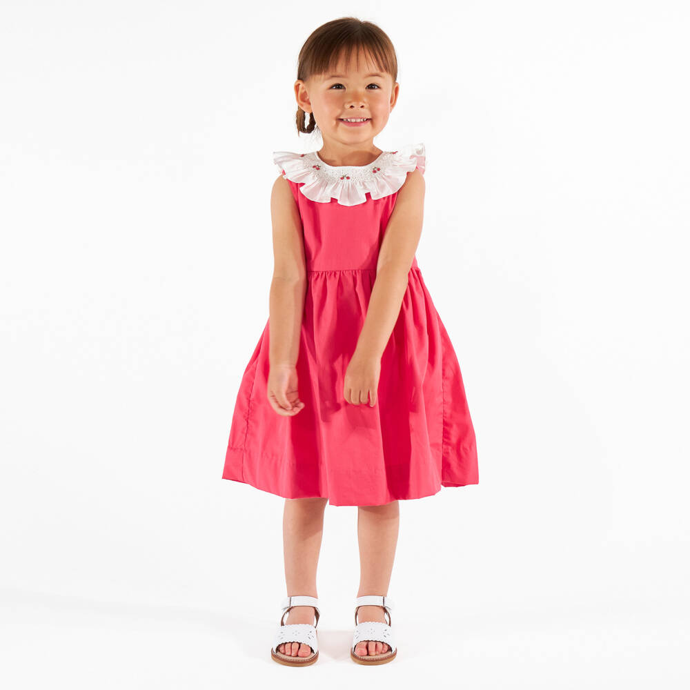 Kidiwi-فستان بياقة كشكش قطن لون أحمر للبنات | Childrensalon