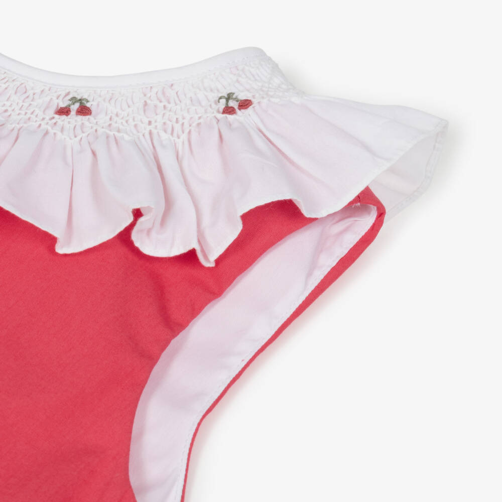 Kidiwi-Girls Red Cotton Dress with Hand-Smocked Ruffle Collar | Childrensalon