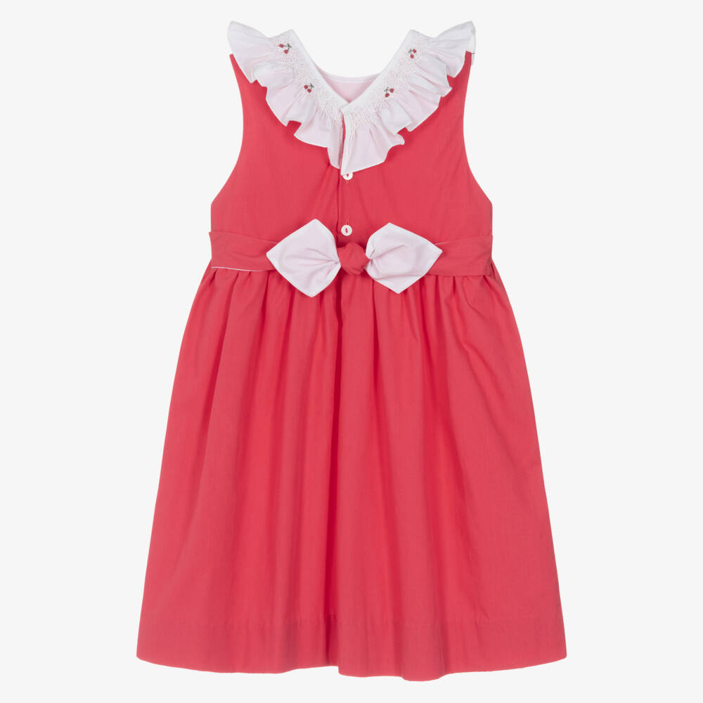 Kidiwi-Girls Red Cotton Dress with Hand-Smocked Ruffle Collar | Childrensalon