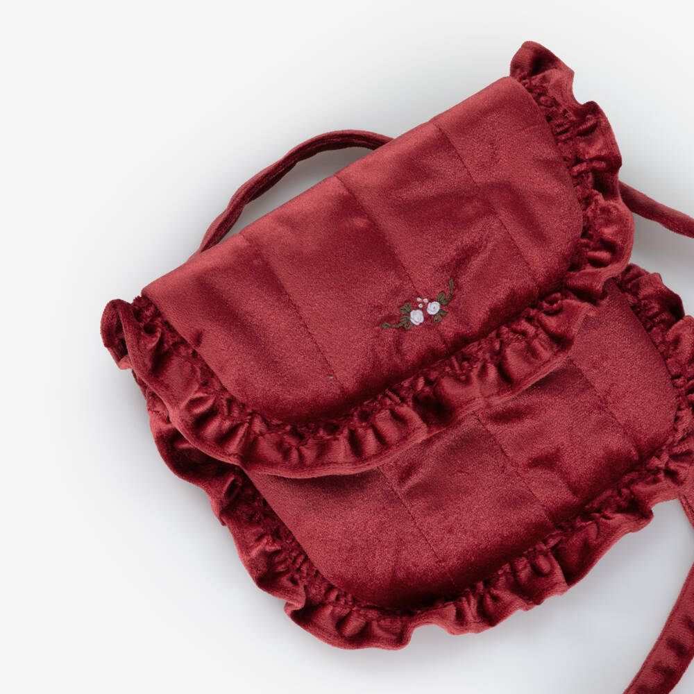 Kidiwi-Girls Red Hand-Embroidered Velvet Shoulder Bag (19cm) | Childrensalon