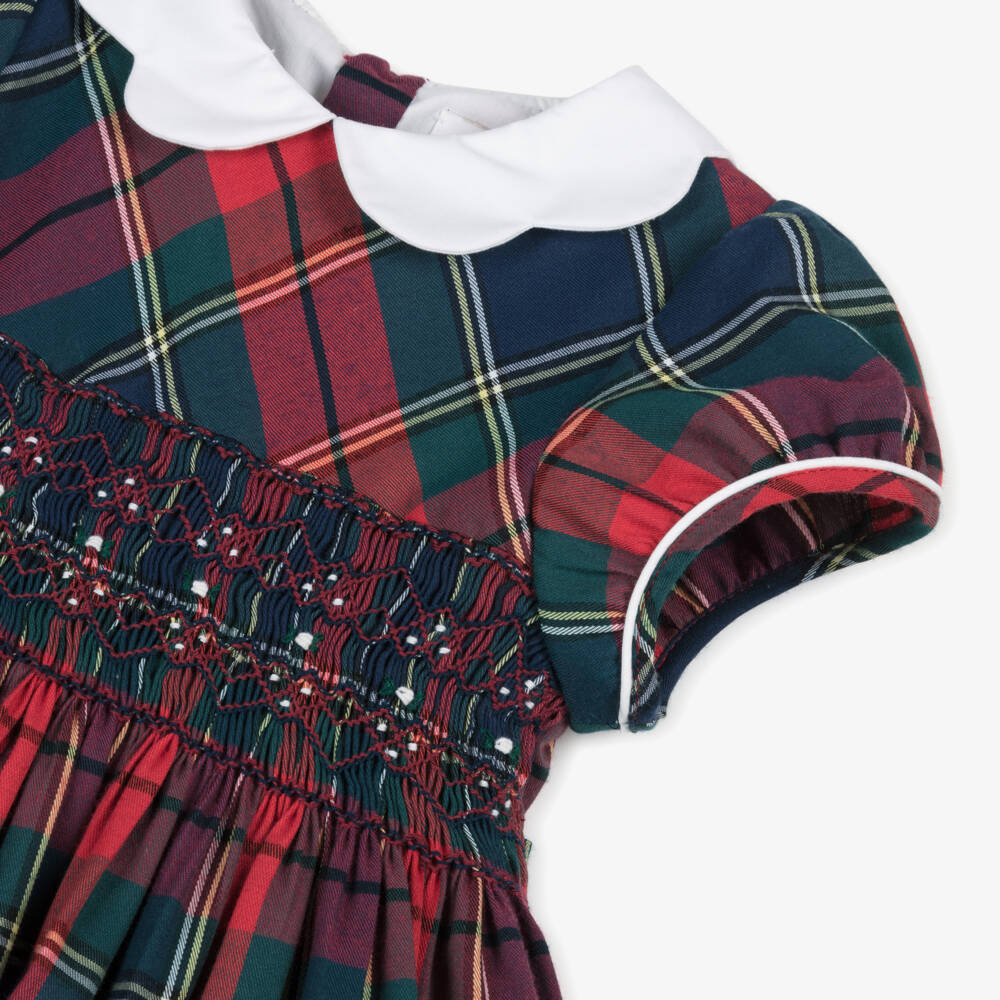 Kidiwi-Girls Red Tartan Cotton Dress with Smocking | Childrensalon