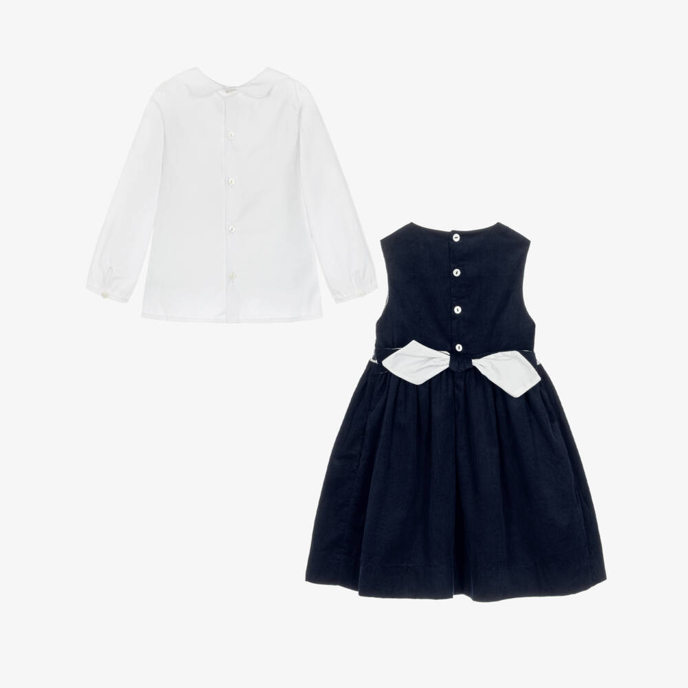 Kidiwi-Girls Smocked Pinafore Dress Set in Navy Corduroy | Childrensalon
