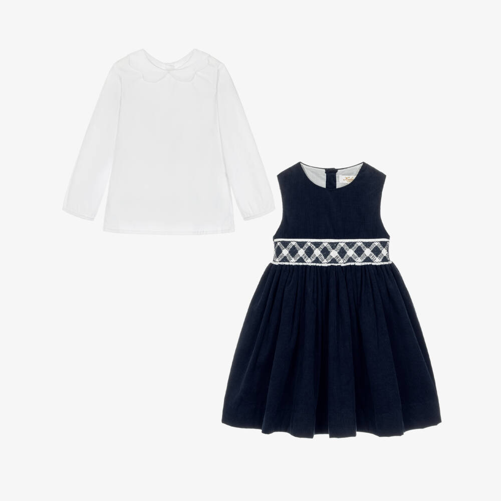 Kidiwi-Girls Smocked Pinafore Dress Set in Navy Corduroy | Childrensalon