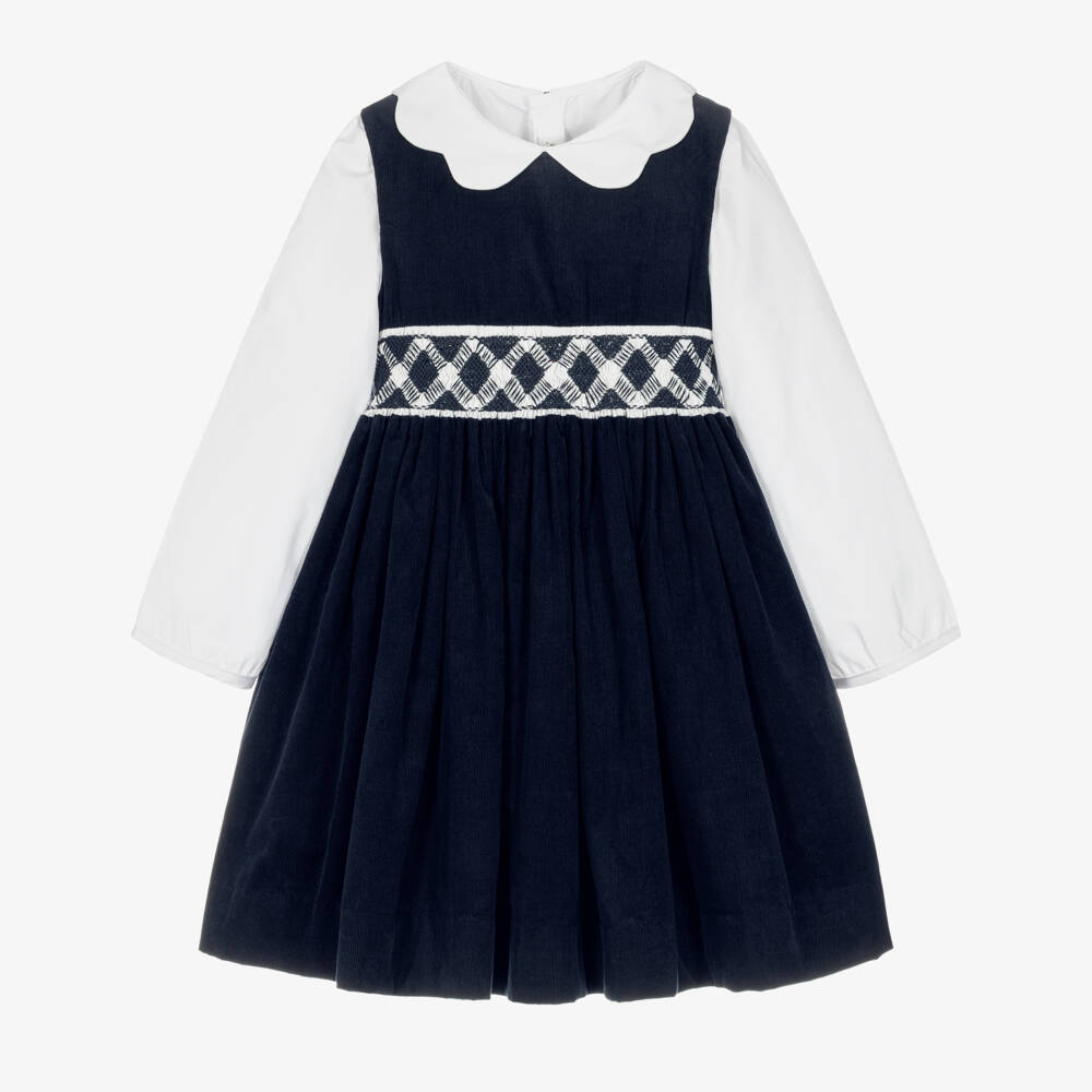 Kidiwi-Girls Smocked Pinafore Dress Set in Navy Corduroy | Childrensalon