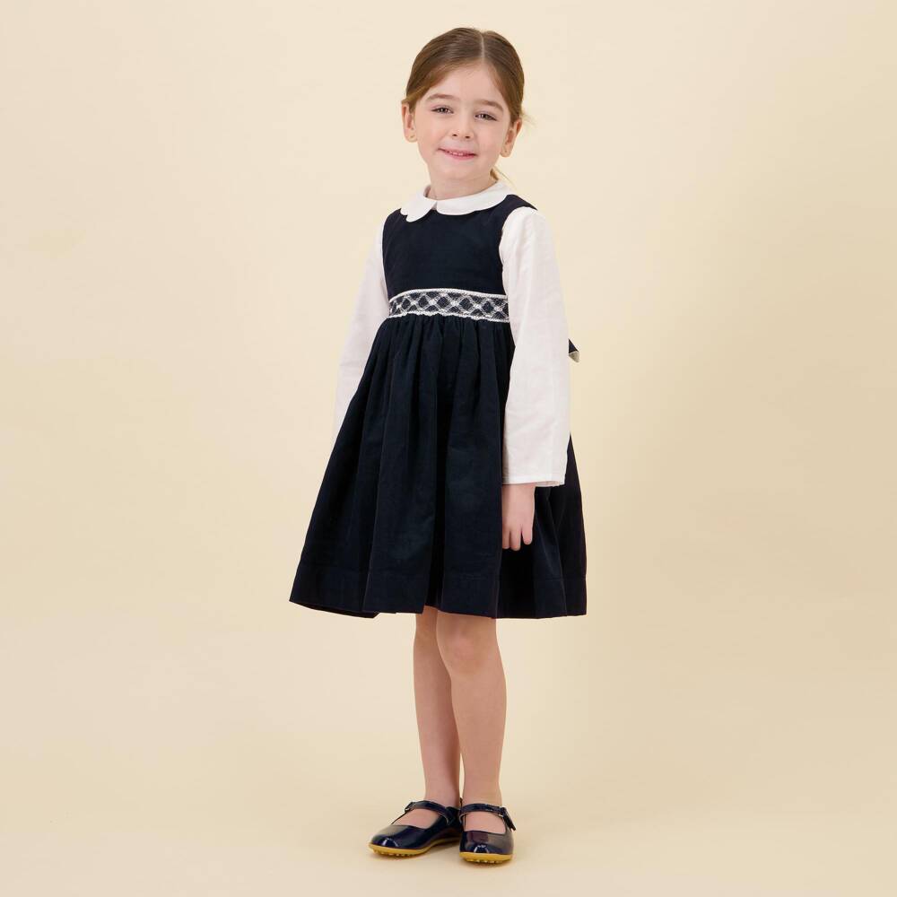 Kidiwi-Girls Smocked Pinafore Dress Set in Navy Corduroy | Childrensalon