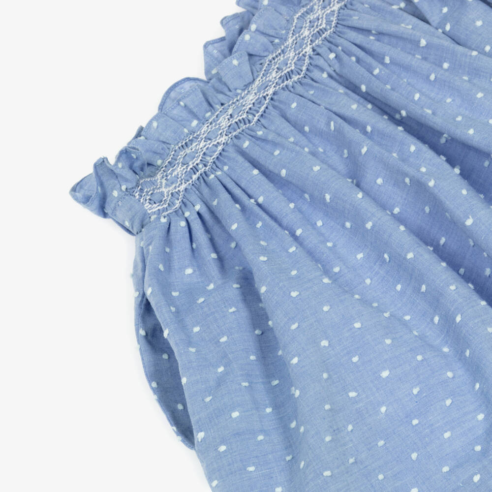 Kidiwi-Girls White & Blue Hand-Smocked Cotton Skirt Set | Childrensalon