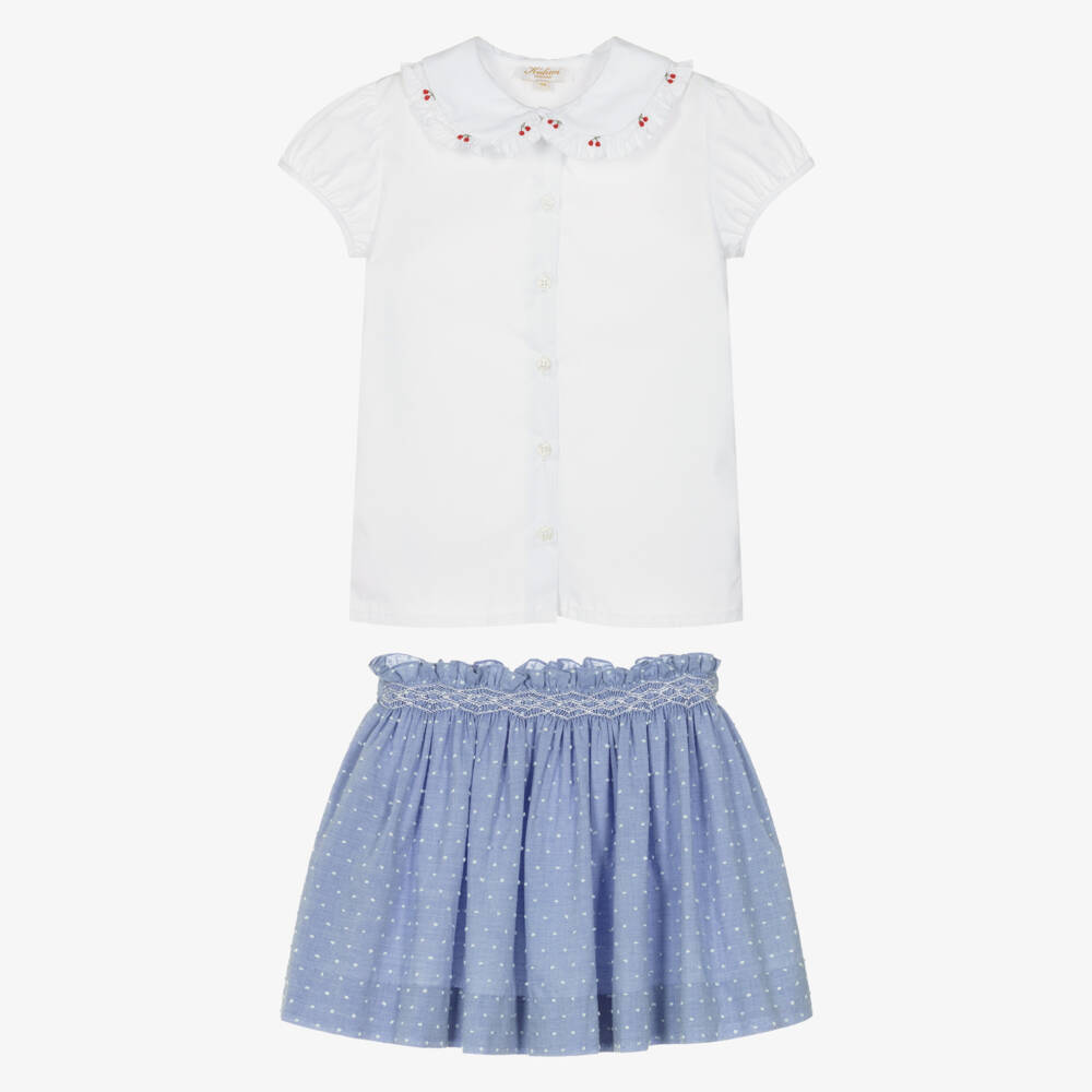Kidiwi-Girls White & Blue Hand-Smocked Cotton Skirt Set | Childrensalon