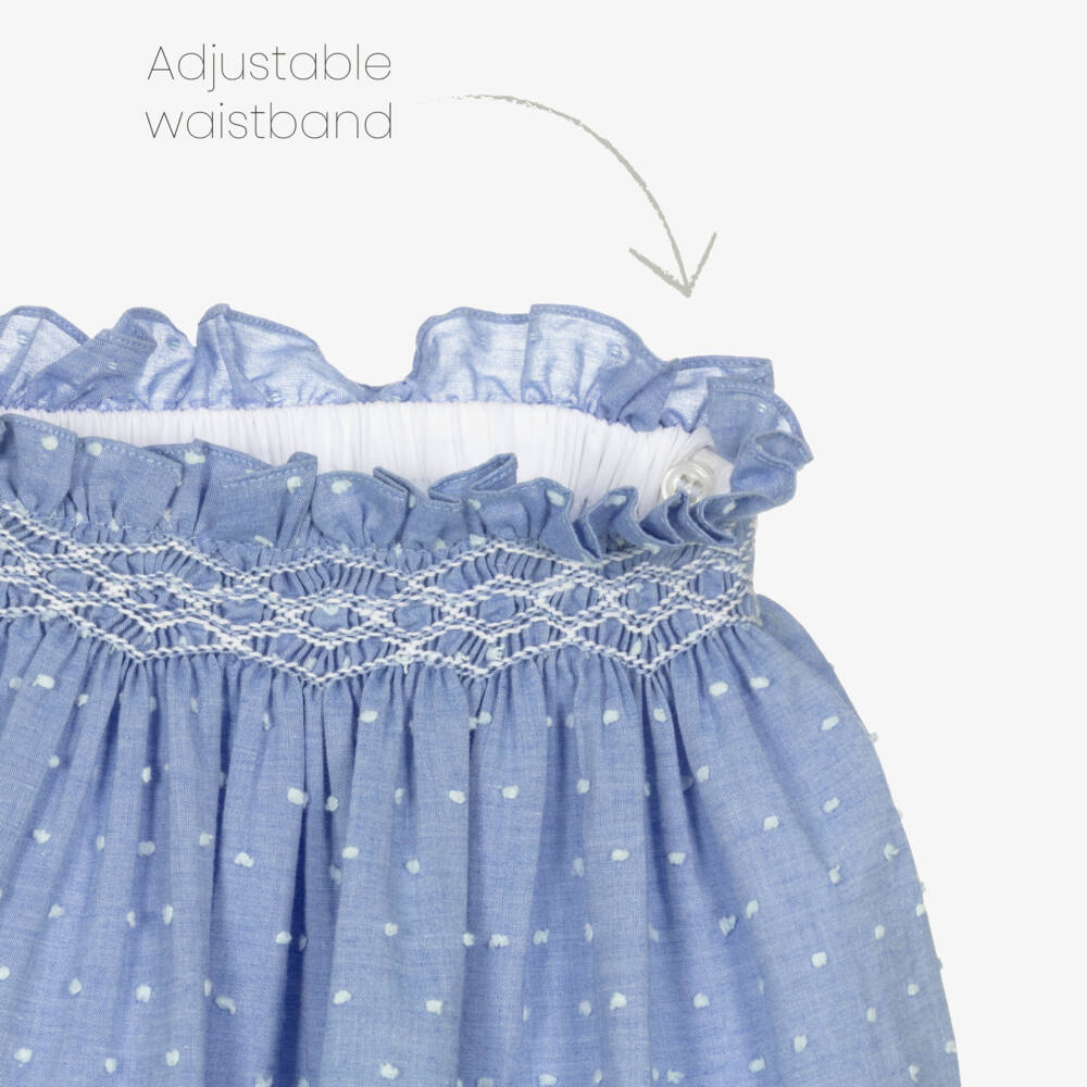 Kidiwi-Girls White & Blue Hand-Smocked Cotton Skirt Set | Childrensalon