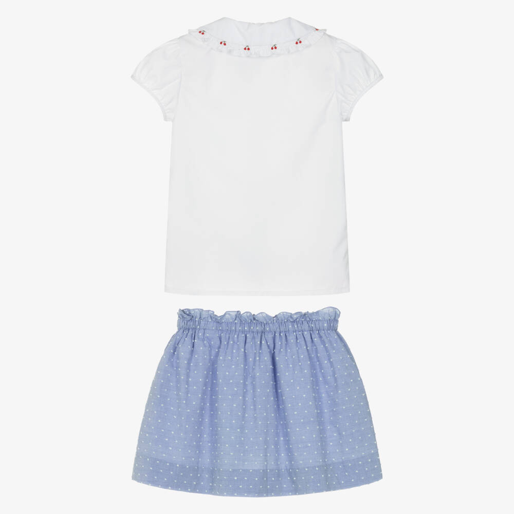 Kidiwi-Girls White & Blue Hand-Smocked Cotton Skirt Set | Childrensalon