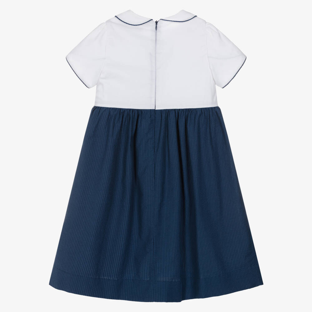 Kidiwi-Girls White & Navy Blue Cotton Dress with Tulip Sleeves | Childrensalon