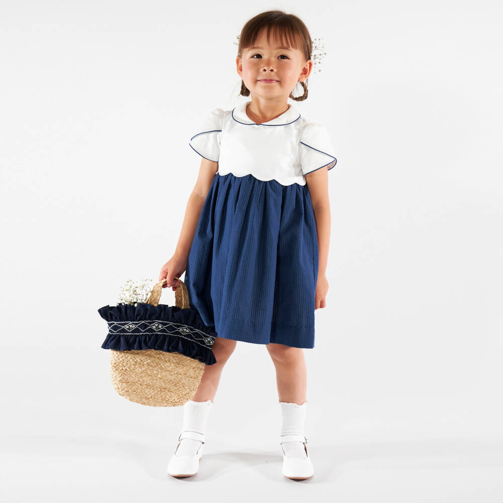 Kidiwi-Платье бело-синее хлопковое с рукавами- тюльпанами для девочек | Childrensalon