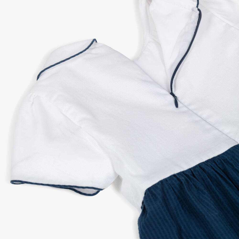 Kidiwi-Girls White & Navy Blue Cotton Dress with Tulip Sleeves | Childrensalon
