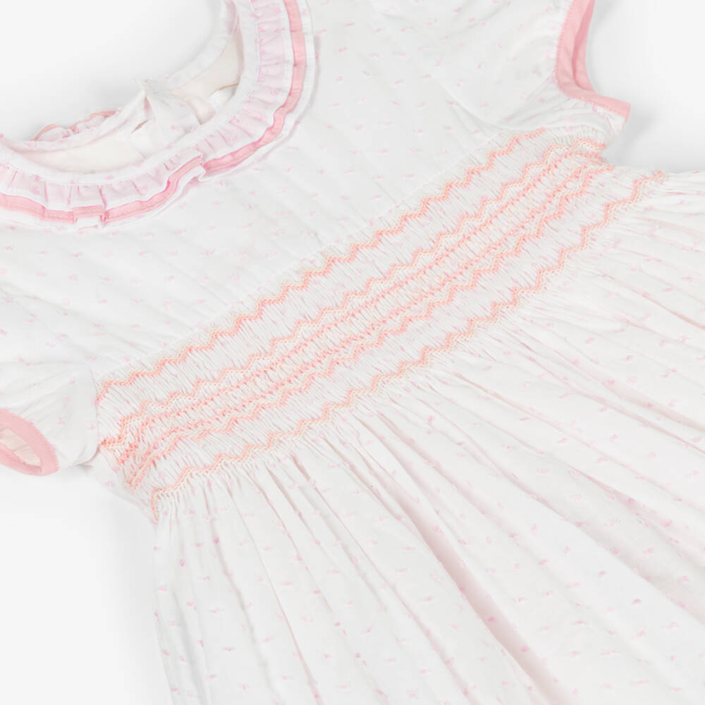 Kidiwi-Girls White & Pink Cotton Plumetis Dress with Hand Smocking | Childrensalon