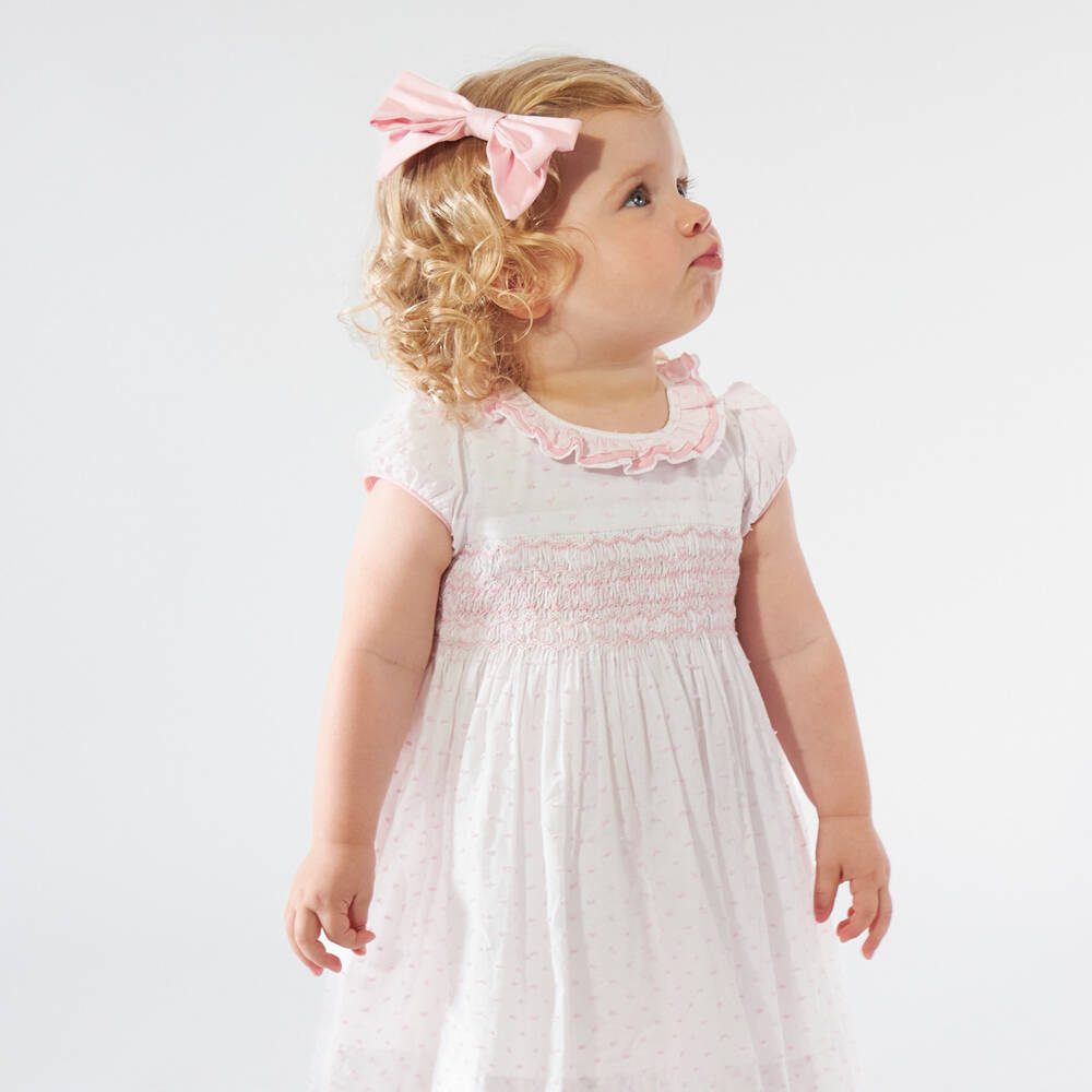 Kidiwi-Girls White & Pink Cotton Plumetis Dress with Hand Smocking | Childrensalon