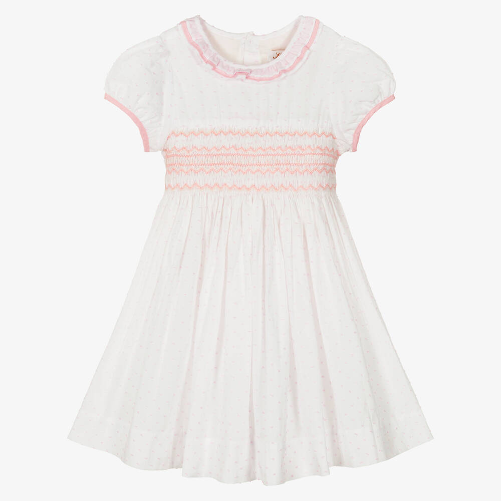 Kidiwi-Girls White & Pink Cotton Plumetis Dress with Hand Smocking | Childrensalon