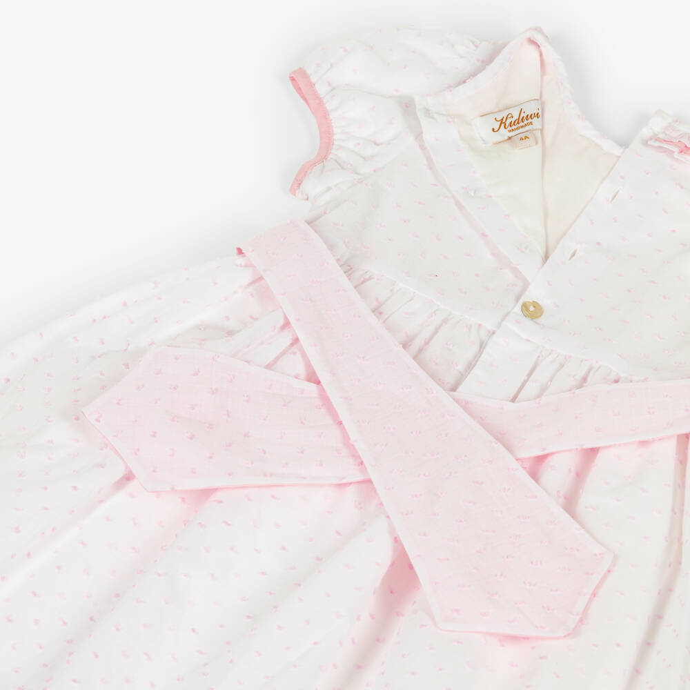 Kidiwi-Girls White & Pink Cotton Plumetis Dress with Hand Smocking | Childrensalon