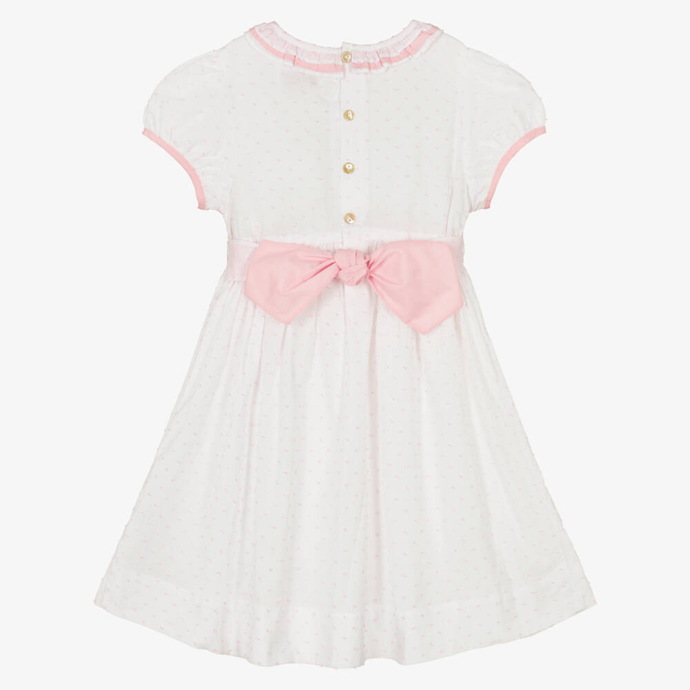 Kidiwi-Girls White & Pink Cotton Plumetis Dress with Hand Smocking | Childrensalon