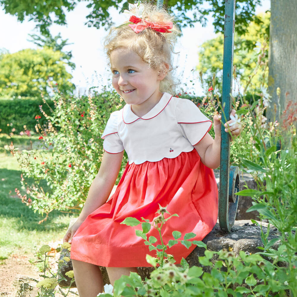 Kidiwi-Платье бело-красное хлопковое с волнистым краем и рукавами-тюльпанами для девочек | Childrensalon