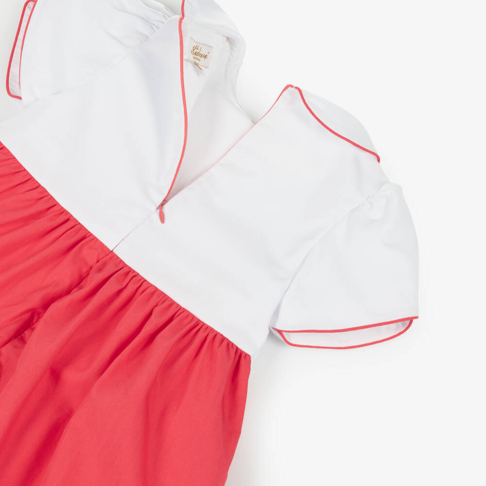 Kidiwi-Girls White & Red Cotton Scalloped Dress with Tulip Sleeves | Childrensalon