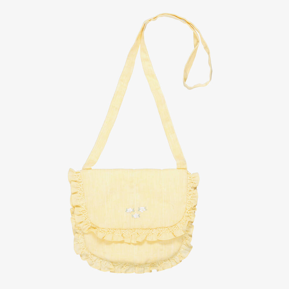 Kidiwi-Girls Yellow Cotton & Linen Floral Embroidered Bag (19cm) | Childrensalon