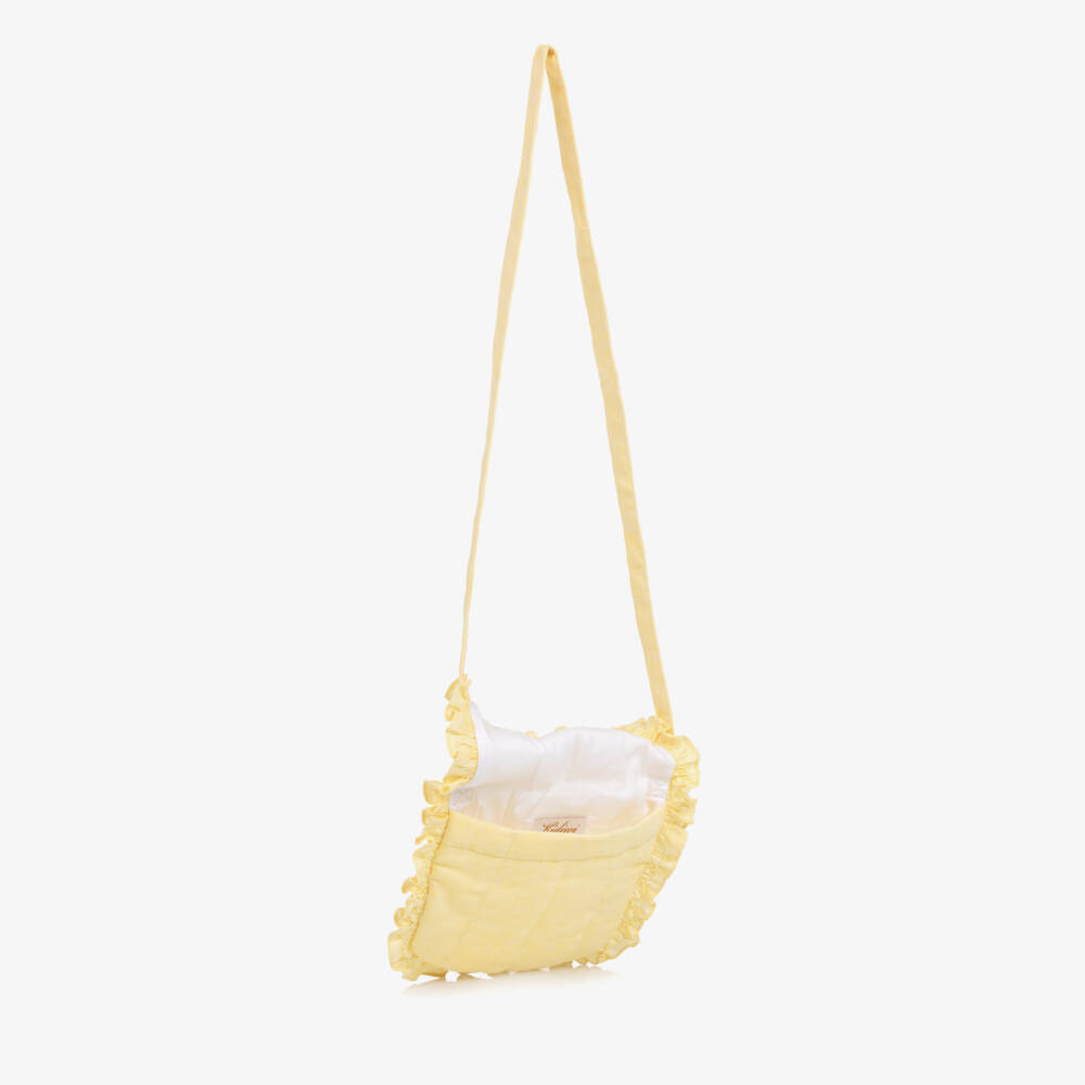 Kidiwi-Сумка жёлтая из хлопка и льна с вышивкой цветов для девочек (19см) | Childrensalon