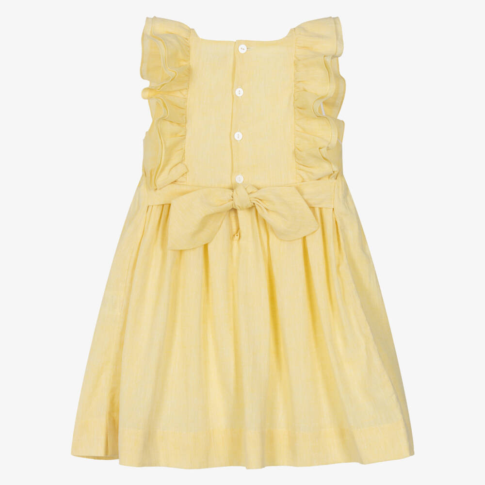 Kidiwi-Girls Yellow Cotton & Linen Hand-Smocked Dress | Childrensalon