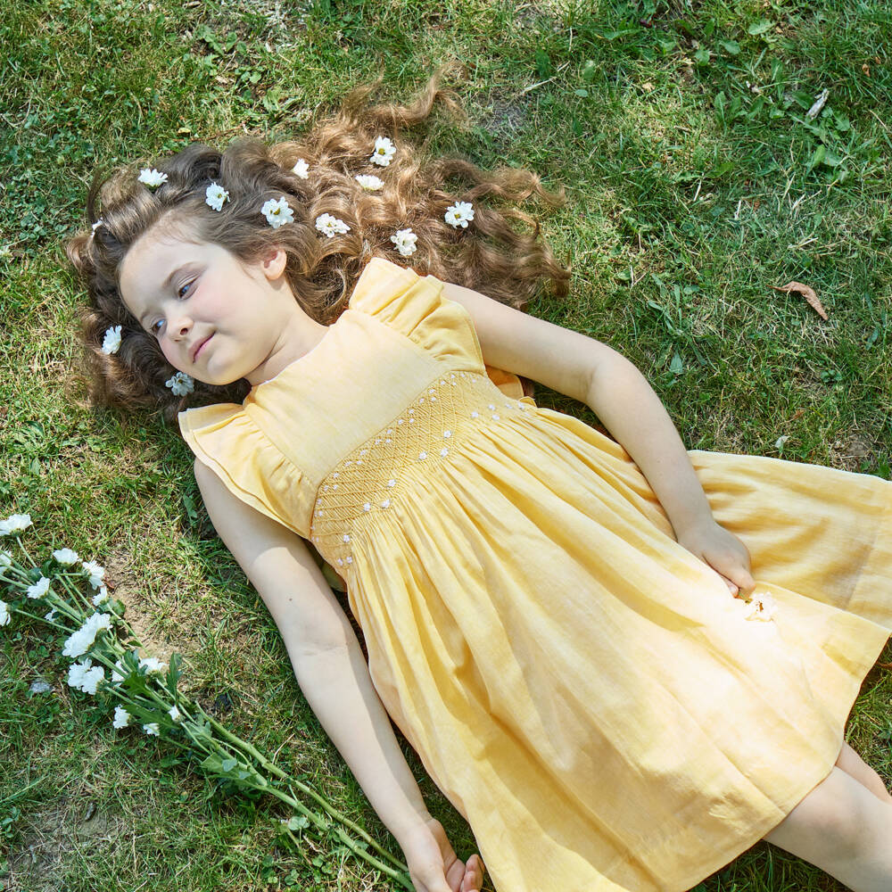 Kidiwi-فستان قطن وكتان لون أصفر للبنات | Childrensalon