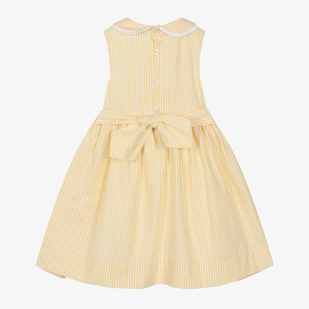 Kidiwi-Girls Yellow Striped Hand-Smocked Cotton Dress | Childrensalon