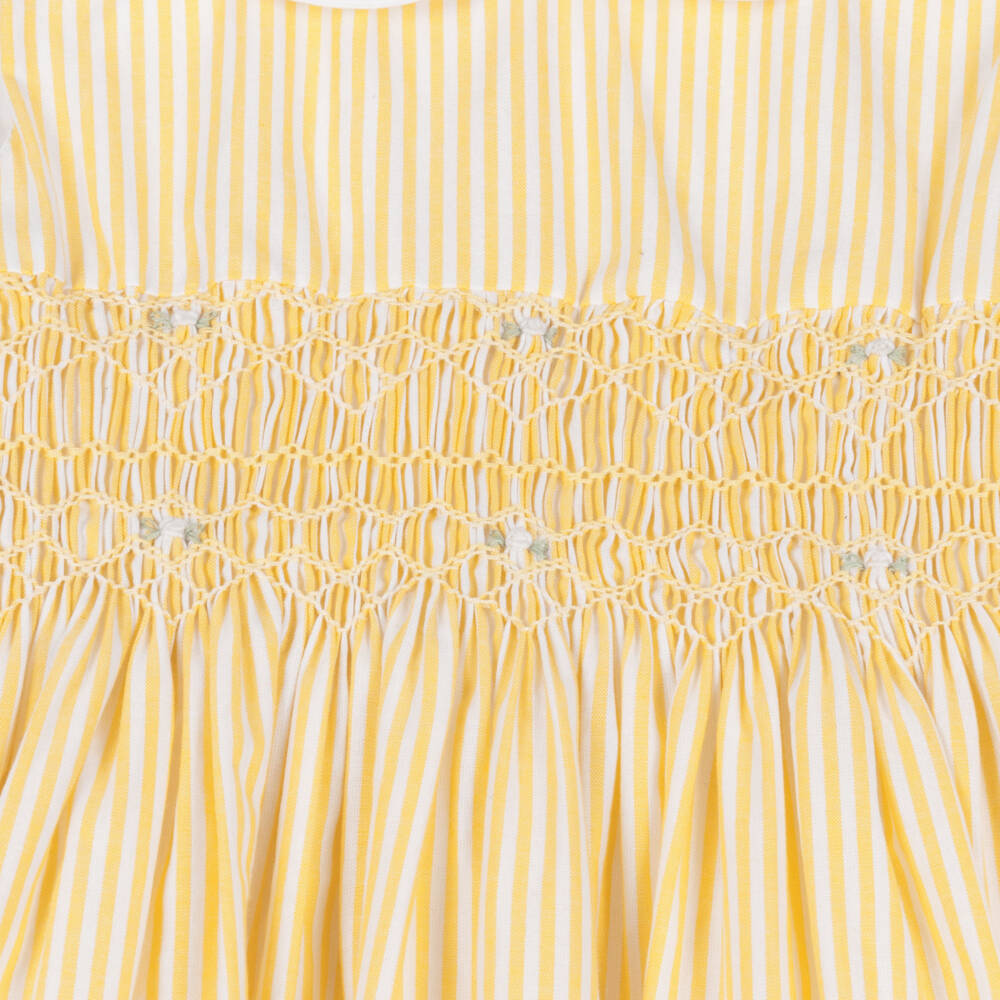 Kidiwi-Girls Yellow Striped Hand-Smocked Cotton Dress | Childrensalon