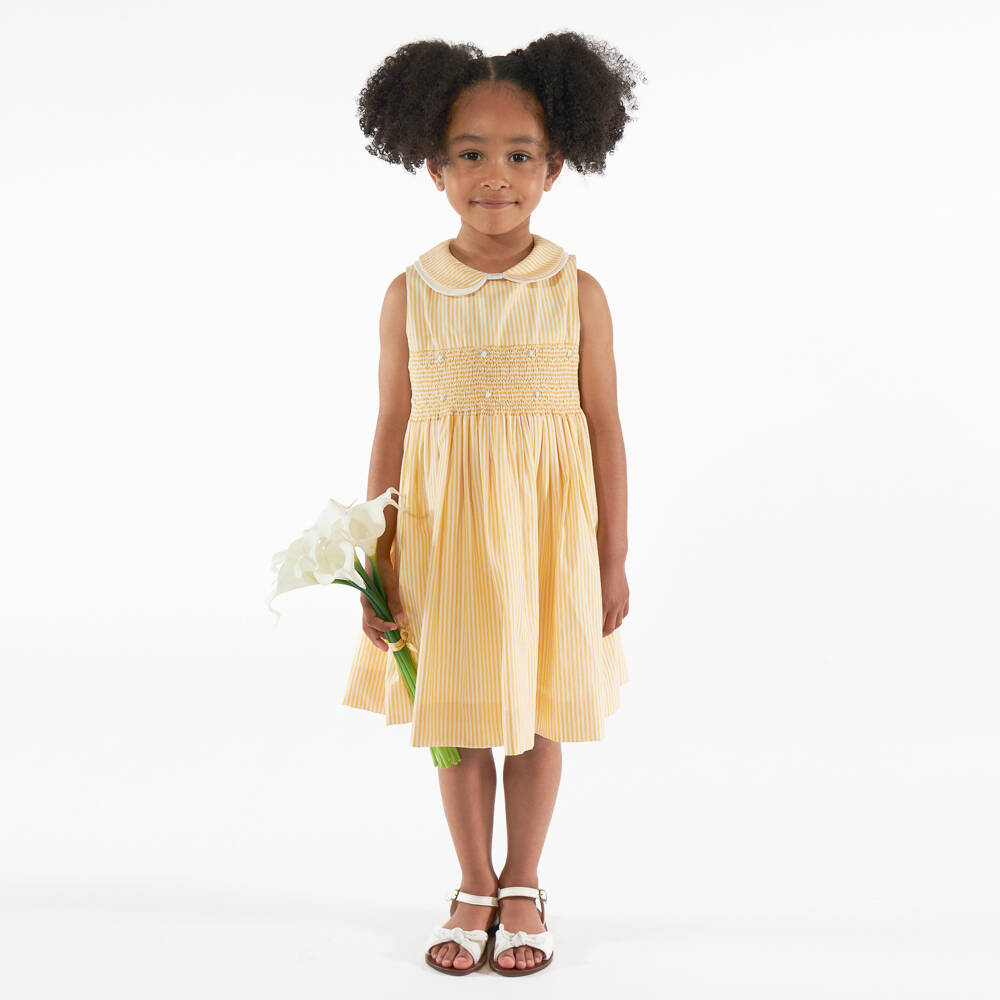 Kidiwi-Girls Yellow Striped Hand-Smocked Cotton Dress | Childrensalon