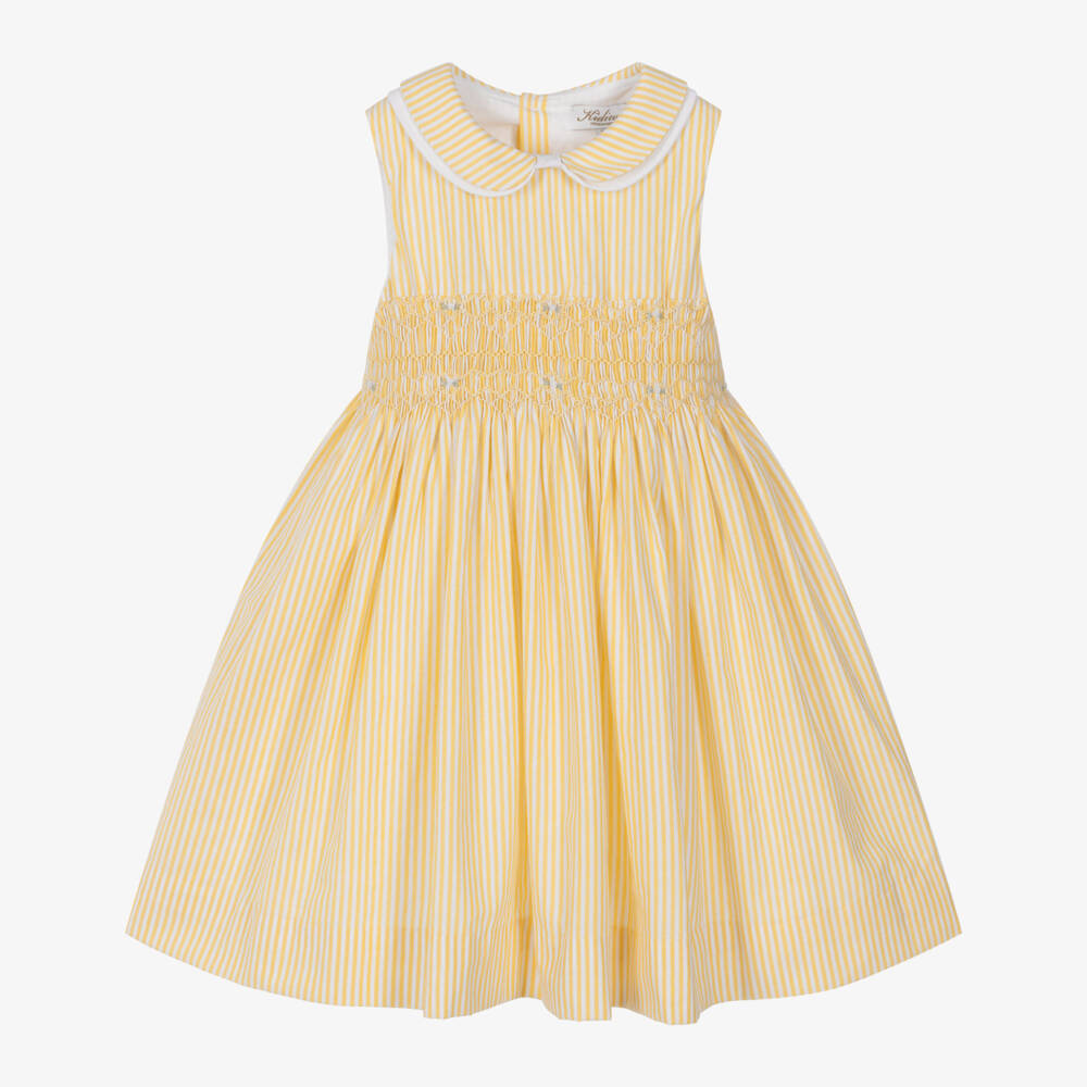 Kidiwi-Girls Yellow Striped Hand-Smocked Cotton Dress | Childrensalon