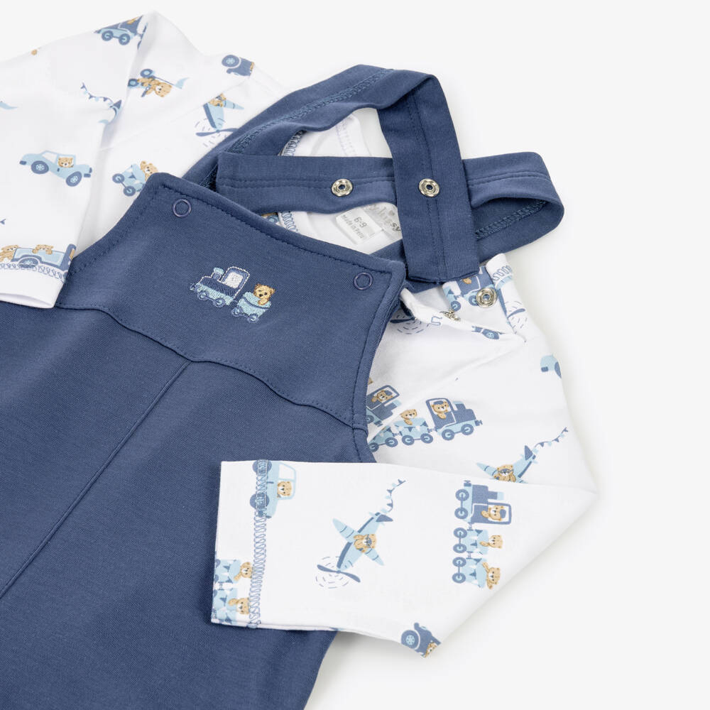 Kissy Kissy-Baby Boys Blue Bears On The Go Cotton Dungarees Set | Childrensalon